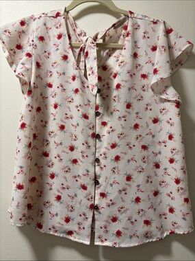 Active USA Cream Blouse with Red Floral Print and Tie